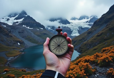 A hand holds a compass in front of a mountain lake