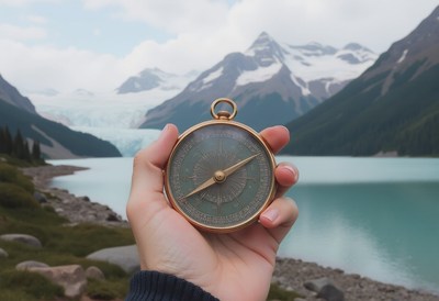 A hand holds a compass in front of a glacier