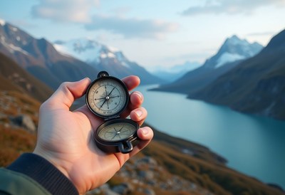 A hand holds a compass in front of a mountain lake