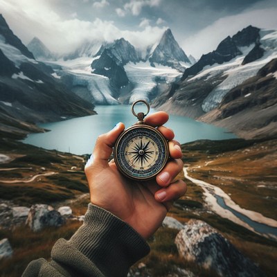 A hand holds a compass in front of a mountain lake