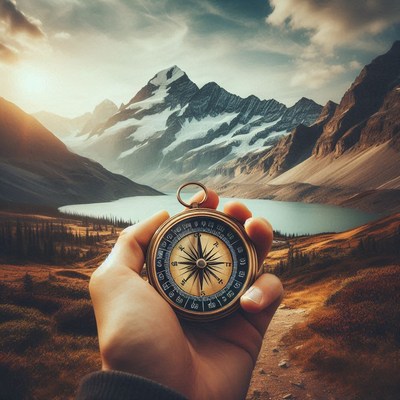 A hand holds a compass in front of a snowy mountain range