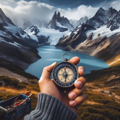 A compass held against a backdrop of mountains and a lake