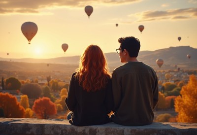 A couple watches hot air balloons at sunrise