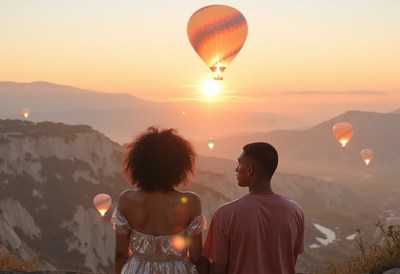 A couple watches hot air balloons at sunrise