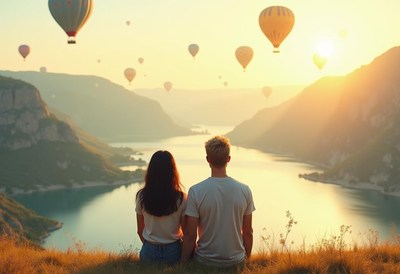 Couple watches balloons drift over sunset valley