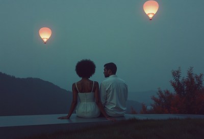 A couple watches hot air balloons at dusk