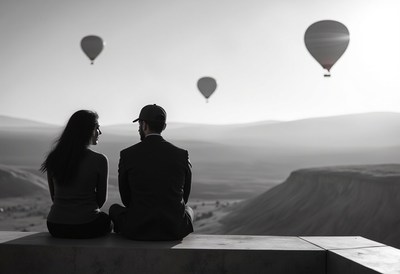 A couple watches hot air balloons in cappadocia