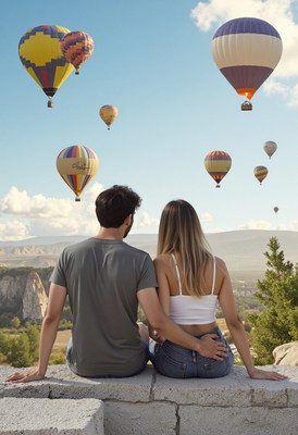 A couple watches hot air balloons in turkey