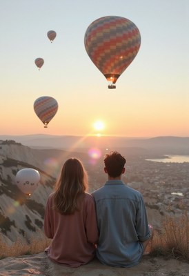 A couple watches hot air balloons at sunset
