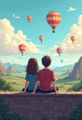 A couple watches hot air balloons over a valley