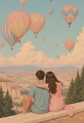 A couple watches hot air balloons float over a valley