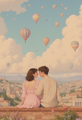 A couple watches hot air balloons from a wall