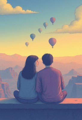Couple watches balloons soar over canyon at sunset