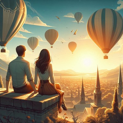 A couple watches hot air balloons over a city at sunset