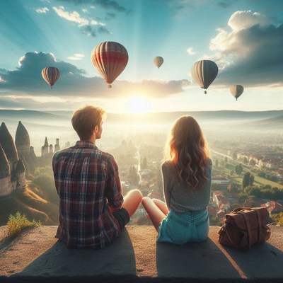 A couple enjoys a sunrise hot air balloon ride over a city