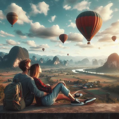 A couple watches hot air balloons over a valley in china