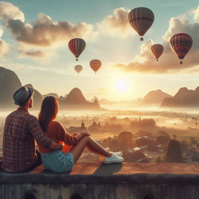 A couple watches hot air balloons rise over a valley