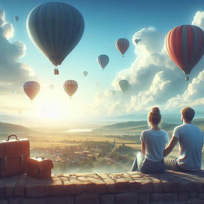 A couple watches hot air balloons drift over a town