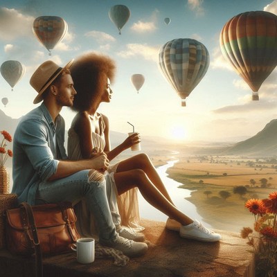 A couple enjoys a scenic view of hot air balloons