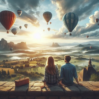 A couple watches hot air balloons over a valley at sunrise