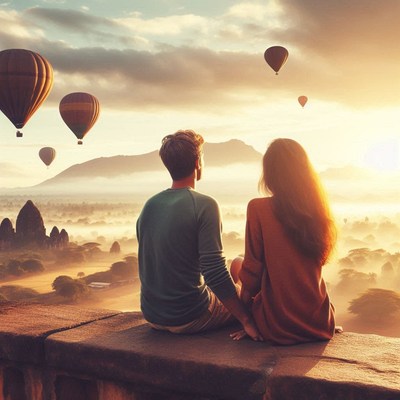 A couple watches hot air balloons at sunrise in bagan