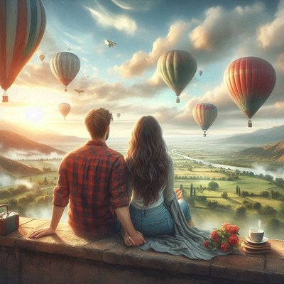 Couple enjoys sunrise with distant hot air balloons