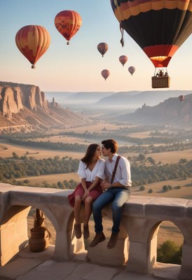 A couple enjoys the view of hot air balloons over a valley