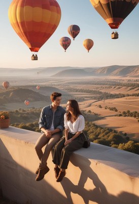 Couple admires hot air balloons in cappadocia