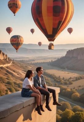 A man and woman sit on a ledge overlooking a valley
