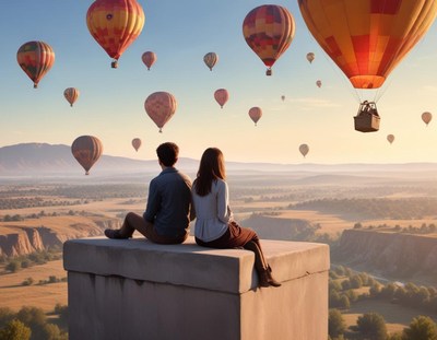 A couple watches hot air balloons in cappadocia