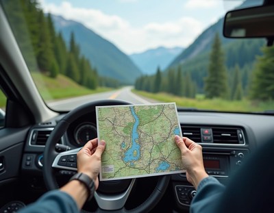 A driver navigates through the mountains using a paper map