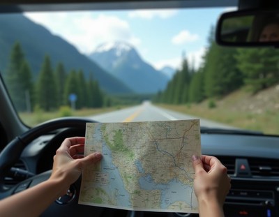 A driver navigates a mountain road with a paper map