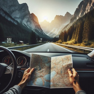 A driver navigates through the mountains with a map