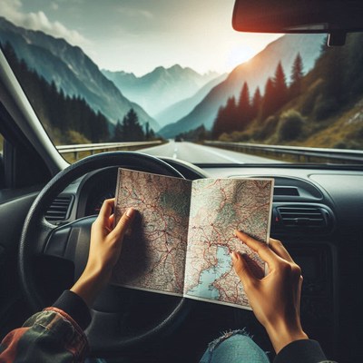 A driver navigates a mountain road using a paper map