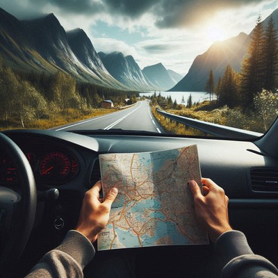 Driver views map on a winding mountain road