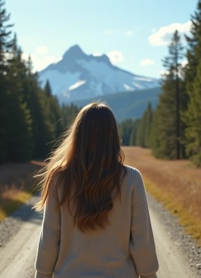 A woman walks a forest path with a snowy mountain