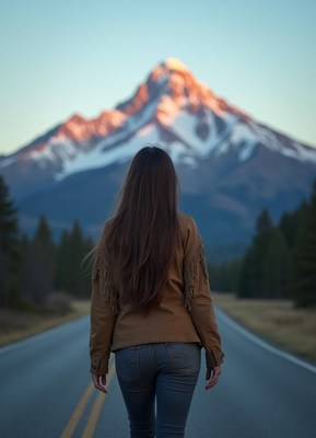 A woman walks towards a snowy mountain peak