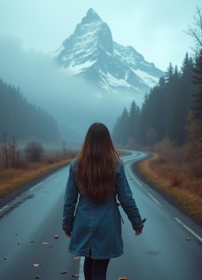 A woman walks down a road toward a snowy mountain peak