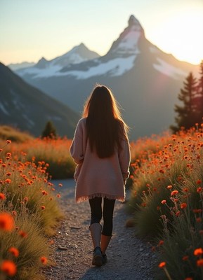 A woman walks on a path in the mountains at sunset