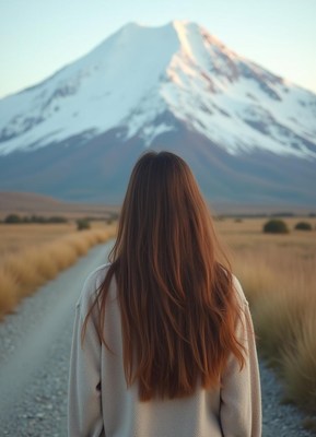 A woman walks towards a snow-capped mountain