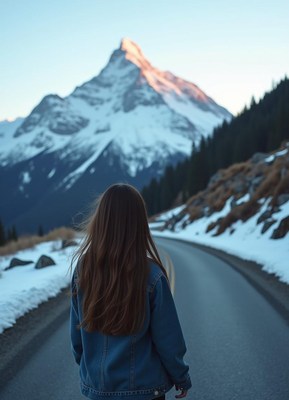 A woman walks down a snowy road towards a mountain