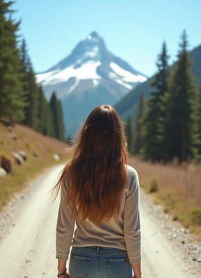 A woman walks towards a snow-capped mountain