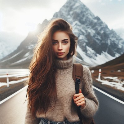 A woman stands on a road in front of mountains