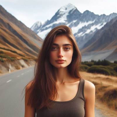 A woman stands in front of a snowy mountain