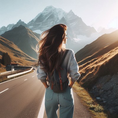 A woman walks down a road in the mountains
