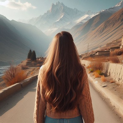 A woman walks down a road in the himalayas