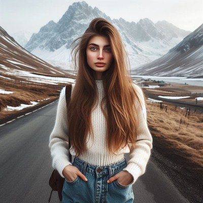 A woman stands on a road in iceland