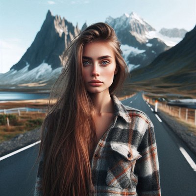A woman stands on a road in a mountain landscape