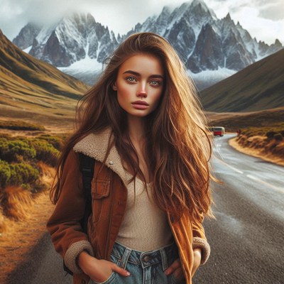 A woman stands on a road with mountains in the background
