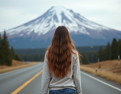 A woman with long brown hair walks down a paved road